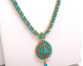 Turkooisblauwe kettingset | Elegante statement-sieraden van blauwe steen | 22K verguld