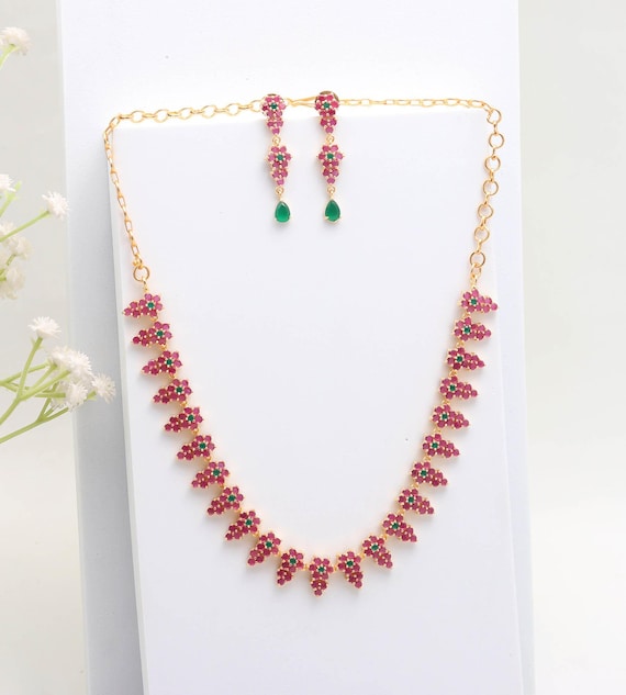 Ruby Emerald Necklace Set | 22K Gold Plated Luxury Indian Jewelry