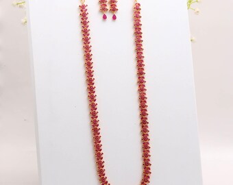 Ruby Long Necklace Set, 22K Gold Plated