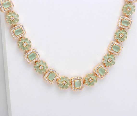 Mint Green & Crystal White CZ Necklace Set, 22K Gold Plated