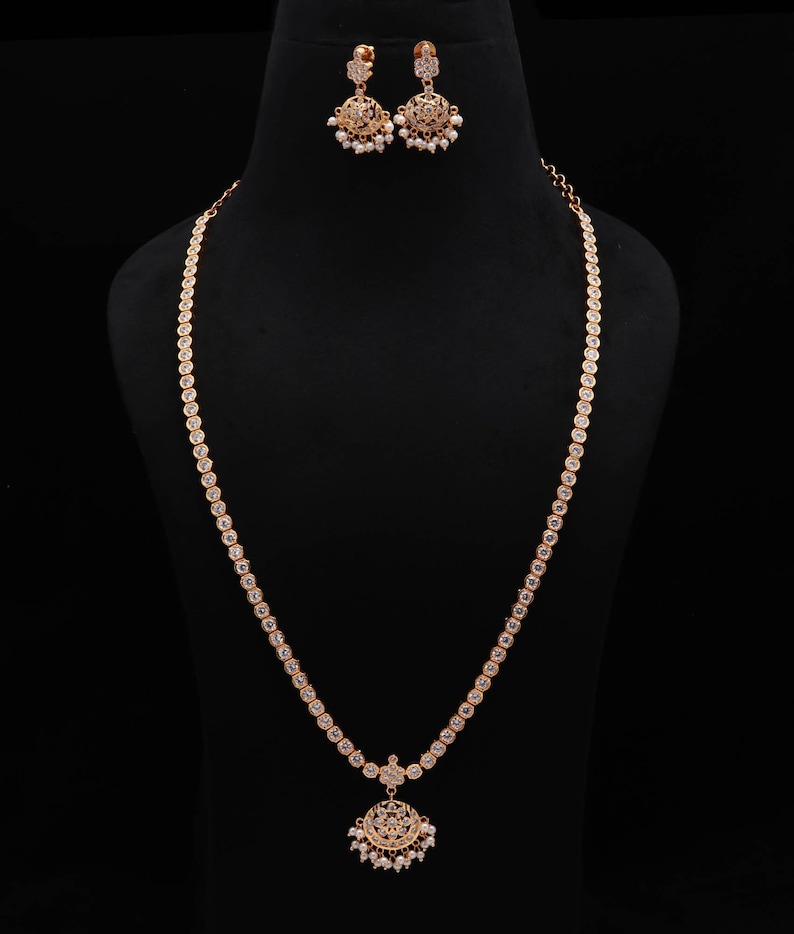 Crystal White Addigai Long Necklace Set: 22K Gold Plated - Etsy
