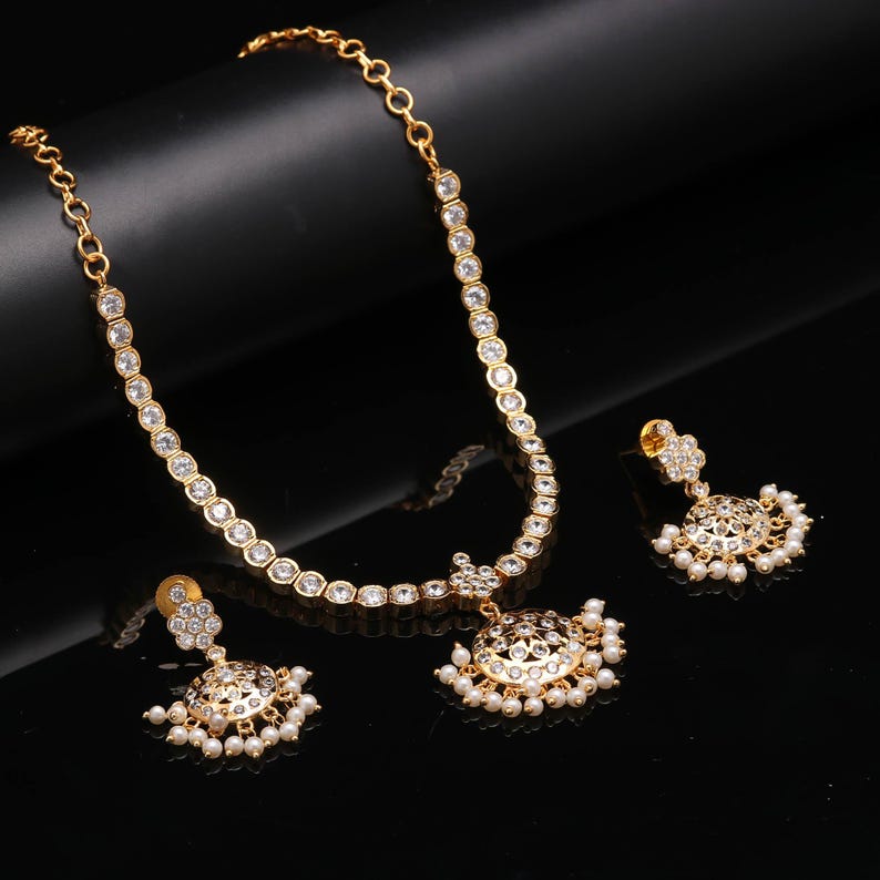 Gold Plated Crystal White CZ Addigai Necklace: South Indian Temple ...