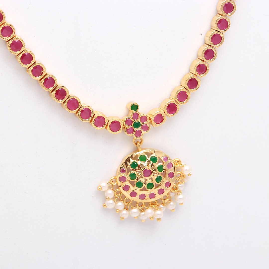 Ruby Emerald Addigai Necklace Set : 22K Gold Plated Elegant Statement ...