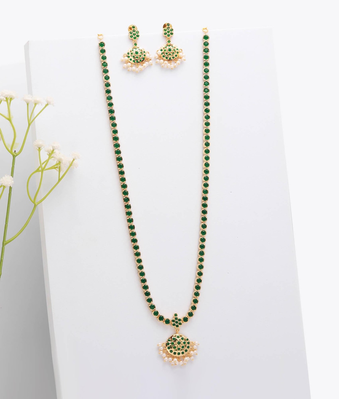 Emerald Green Long Addigai Necklace Set: 22K Gold Plated - Etsy