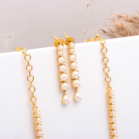 パールロングネックレスセット、22Kゴールドメッキジュエリー - Etsy 日本