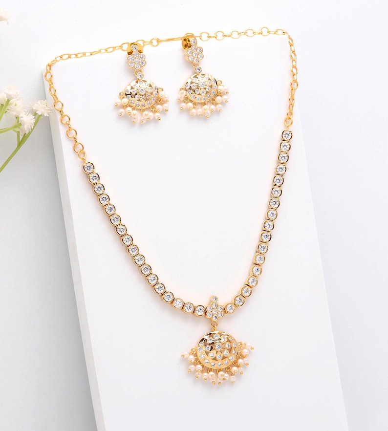 Gold Plated Crystal White CZ Addigai Necklace: South Indian Temple ...