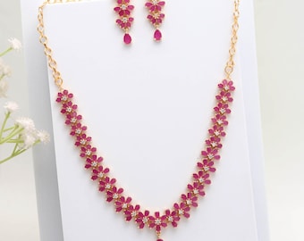 Ruby & Crystal White CZ Necklace Set, 22K Gold Plated Floral Jewelry