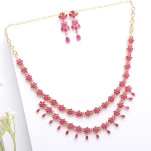 22K Gold Plated Ruby Floral Necklace Set | Indian Bridal Jewelry | Ethnic Wedding Necklace with Earrings | Party Wear Jewelry