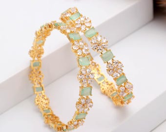 22k Gold Plated Bangle: Crystal CZ & Monalisa Mint Green Stone - Wedding Jewelry