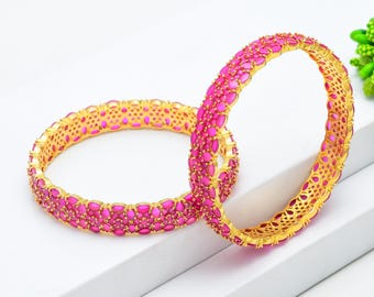 女性用ルビーゴールドバングルペア｜22Kゴールドメッキインド風ブレスレットセット