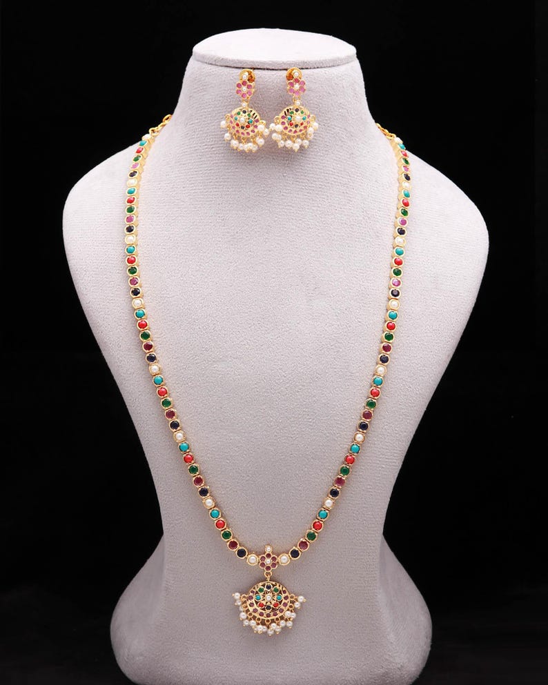 Addigai Design Navratna Long Addigai Necklace Set: 22K Gold Plated - Etsy