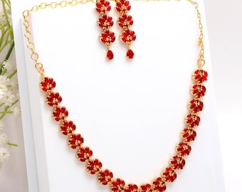 Ruby Floral Necklace Set : 22K Gold Plated, Hydro Red