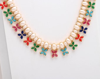 Navratna Necklace Set, Handmade 22K Gold Plated | Ethnic Gemstone Jewelry