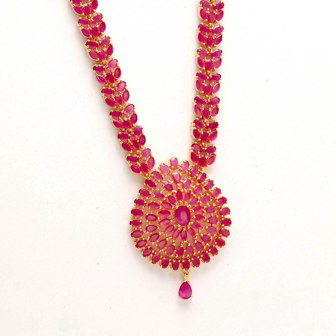 Ruby Long 22K Gold Plated Ruby Long Necklace Set | Indian Bridal Haram Jewelry - Etsy