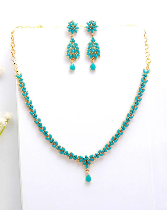 22K Gold Plated Necklace Set with Turquoise Stones | Indian Bridal Jewelry | Ethnic Statement Necklace