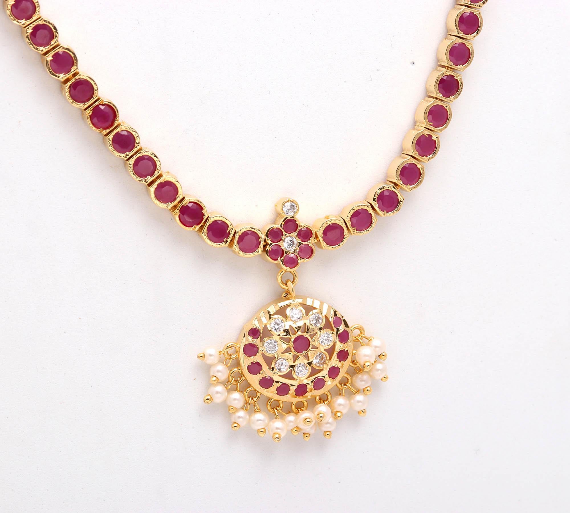 Addigai Design White & Ruby Addigai Necklace: Gold Plated South Indian Temple Jewelry ...