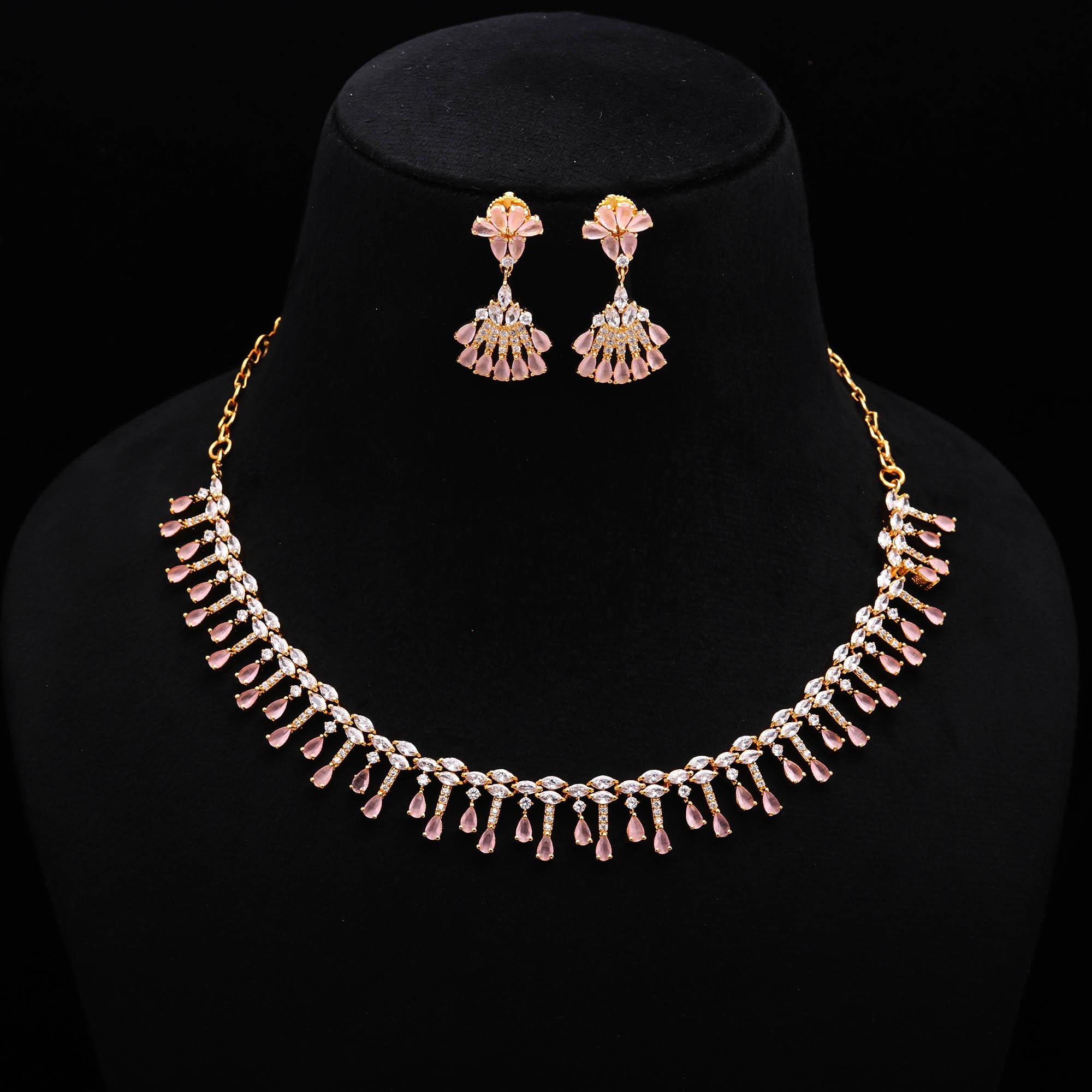 22K Gold Plated Monalisa Pink & White CZ Necklace Set | Elegant