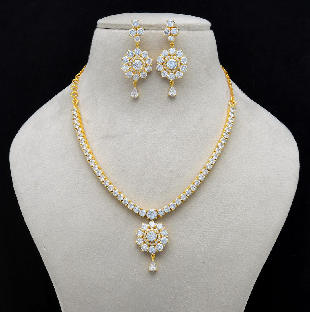 CZ White Diamond Necklace Set, 22K Gold Plated - Etsy