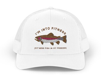 Funny Fit'ness Fish in my Freezer Embroidered Snapback Trucker Cap, Trout Fishing Hat, Funny Gift for Anglers, Cute Embroidered Fishing Hat