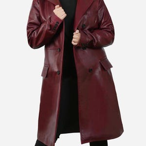 Women&#39;s Burgundy Leather Trench Coat – Vintage Double Breasted Real Maroon Jacket – Handmade Gift for Her – Fall Winter Outerwear