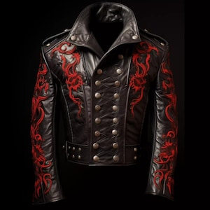 Gothic Dragon Leather Jacket – Black Red Embroidered Steampunk Military Coat | Unisex Punk Rock Cosplay & Festival Costume