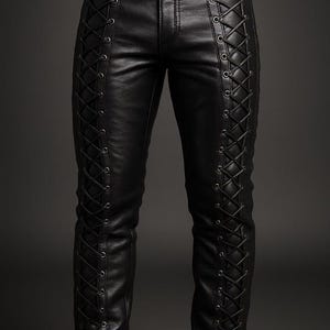 Men’s Black Leather Lace-Up Pants | Gothic Punk Rock Trousers | Slim Fit Corset Side Biker Pants | Motorcycle Riding Leather Pants