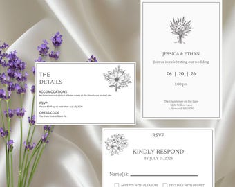 Modern Minimalist Wedding Invitation Suite | Canva Editable | Digital Download | Printable Invite, RSVP, Details Card