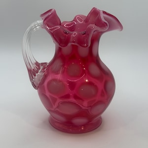 Vintage Cranberry Coin Dot Pitcher – Fenton Art Glass with Clear Ribbed Handle – Ruffled Rim