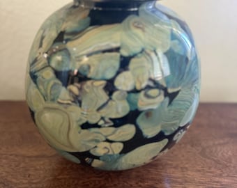 Robert Eickholt Art Glass Vase VPAG – Handblown Studio Orb – Swirled Earth Tones on Black – 1990s Vintage Decor