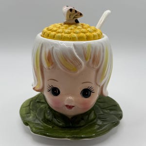 Vintage Lefton Thumbelina Honey Bun Girl Jam Jar with Spoon – Anthropomorphic Ceramic Jar with Butterfly lid – MCM Kitsch Kitchen Decor
