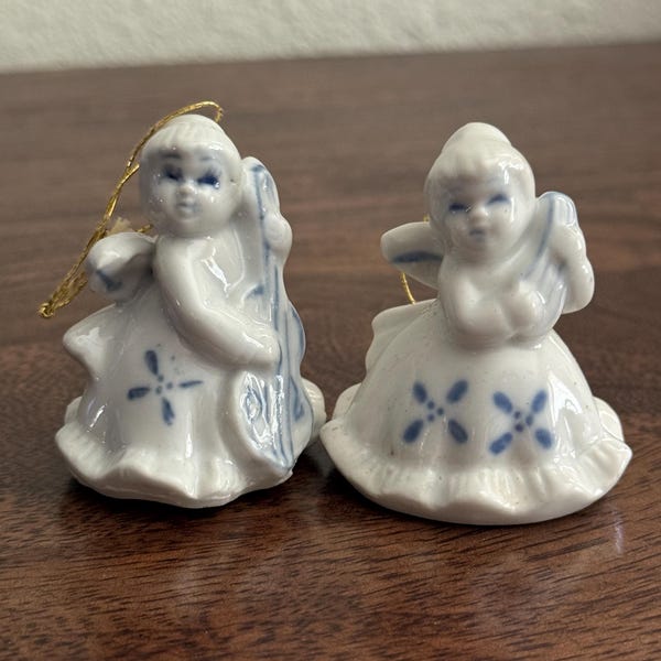Vintage Delft Blue and White Porcelain Angel Ornaments – Set of 2 Musical Figurines