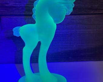 Mosser Glass Aqua Satin  Pony Figure | Marked and Glows under black light