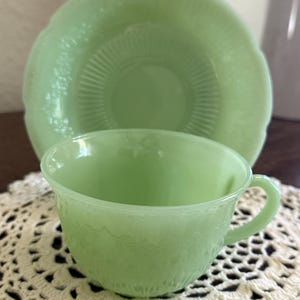 Fire-King Jadeite Jadite Alice Cup and Saucer Set – Vintage Anchor Hocking 1940s Depression Glass