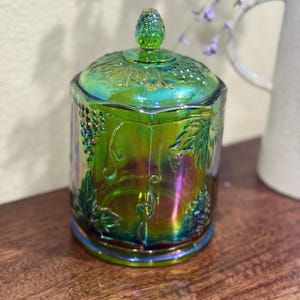 Indiana Glass Green Iridescent Carnival Glass Lidded Jar 7” – Grape & Leaf Pattern | Indiana Glass