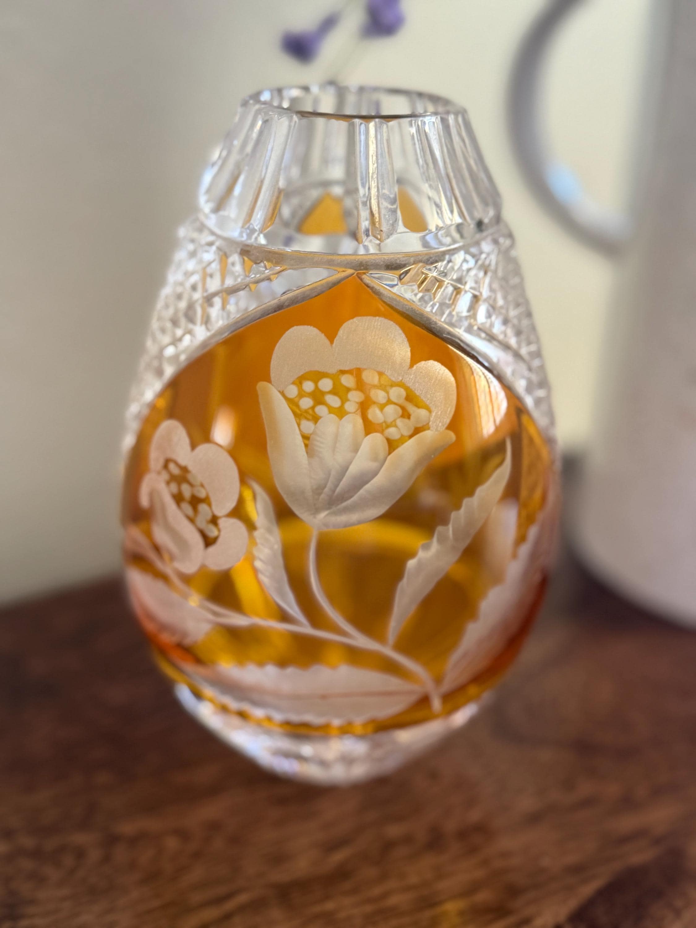 Julia Crystal Cut to Clear Amber Vintage Vase – Hand-Etched Swan & Cattail Design – 1960s Bohemian Glass