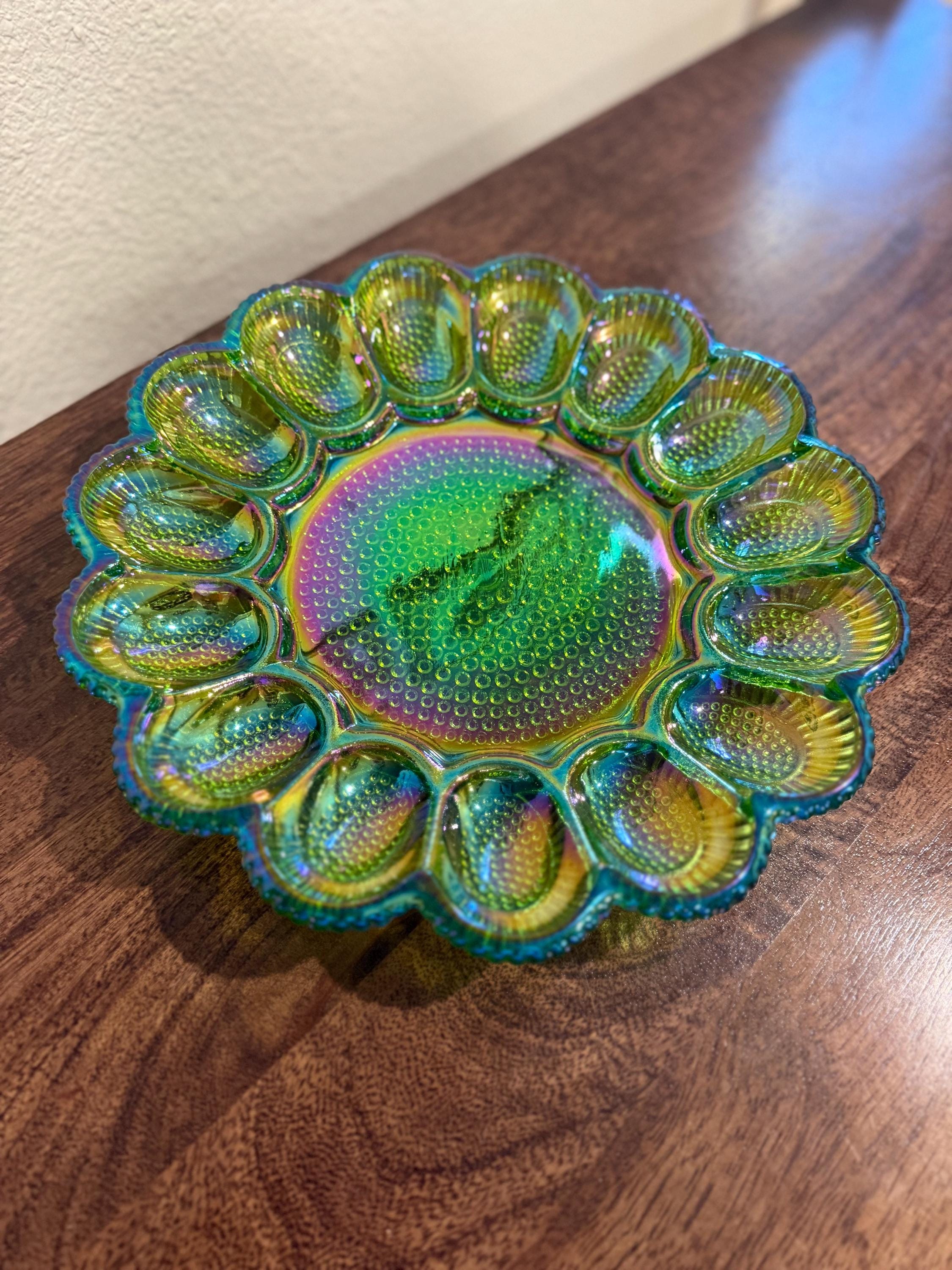 Vintage Indiana Glass Green Carnival Deviled Egg Plate | Iridescent Green Glass Server