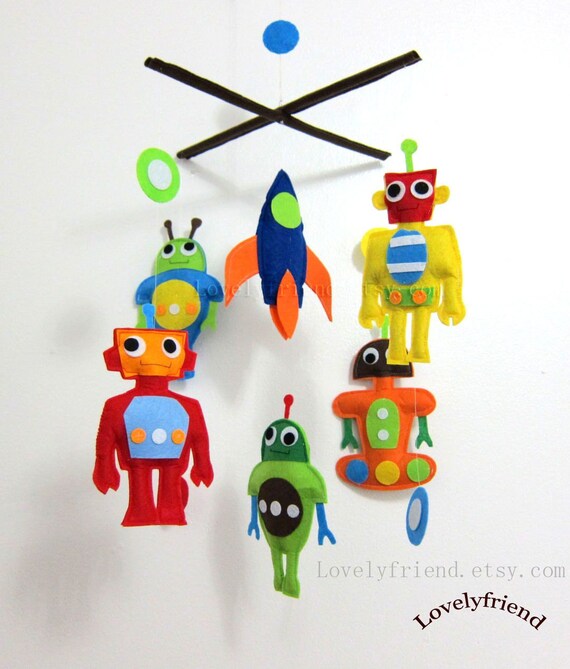 Items similar to Baby Mobile Rocket Crib Mobile "Five Little Robots