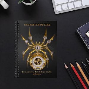 The Keeper of Time Spiral Notebook | Gold Clock Spider Illustration, Ruled Journal