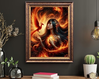 Phoenix Rising Art Print, Fiery Woman, Rebirth Symbol, Feminine Power (Digital Download)