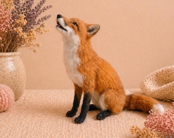Figura de zorro de fieltro de aguja, escultura de zorro de lana hecha a mano, decoración de animales del bosque, regalo personalizado de zorro, coleccionable de 7,5 a 18 cm.