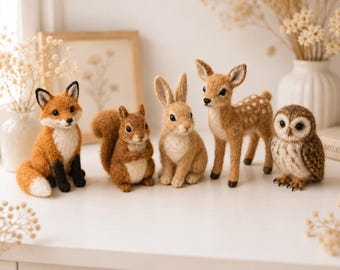 Animali del bosco in feltro ad ago: volpe, coniglio, cervo, scoiattolo, gufo, decorazione da scrivania in stile cottagecore a tema foresta, idea regalo.