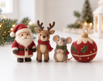 May include: A set of four needle-felted Christmas ornaments featuring a Santa Claus figure in a red suit, a brown reindeer with a red scarf, a gray mouse with a green scarf, and a round red bauble decorated with white dots and green holly leaves.