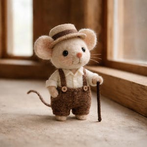 Könnte beinhalten: Eine handgefertigte Filzmausfigur mit braunem Hut, weißem Hemd und brauner Latzhose, die einen Gehstock hält. Die Maus hat große Ohren, eine rosa Nase und einen langen Schwanz. Ein charmantes, skurriles Dekorationsstück.
