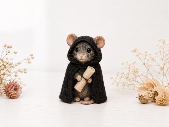 Needle Felted Mouse, Gothic Wool Felt Mouse Figurine, Witchy Wizard Mouse Decor, Handmade Forest Animal Gift, 3-6 Inch