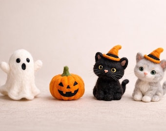 Conjunto de decoración de Halloween de fieltro con aguja, fantasma de fieltro, calabaza, gato negro, gato blanco, adorno espeluznante y adorable hecho a mano.