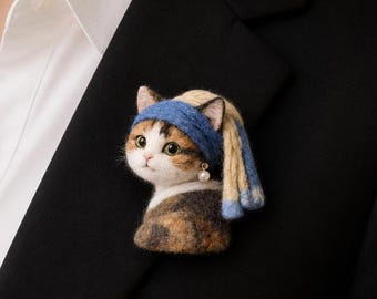 Pearl Cat Felt Brooch,Handmade Wool Felt Animal Pin, Cat Ladybug Hedgehog Tree Brooch, Cute Suit Lapel Pin, Gift for Her