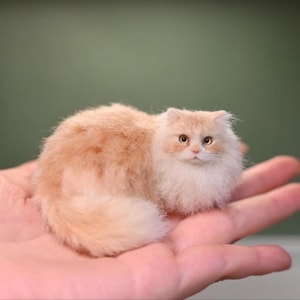Op de afbeelding: Een miniatuur, pluizig kattenbeeldje met perzik- en crèmekleurige vacht. De kat heeft een rond gezicht, kleine oren en grote, expressieve ogen. Het beeldje rust op de open handpalm van een persoon, wat de kleine afmetingen en gedetailleerde afwerking benadrukt.