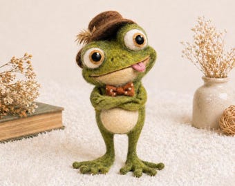 Figura de rana de fieltro con aguja, muñeco de rana de fieltro hecho a mano con sombrero, escultura de rana caprichosa, lindo regalo de rana, decoración de animales de 10-15 cm