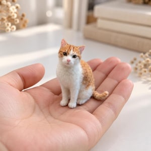 May include: A miniature needle-felted cat figurine with orange and white fur. The small cat is sitting in a seated position, featuring orange patches on its head and back, a white chest and face, a pink nose, and dark eyes, crafted with a textured finish.