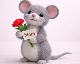 Ratón de fieltro de aguja, regalo para mamá, adorno de ratón para el Día de la Madre, animal de fieltro de lana hecho a mano, gracias mamá, decoración "Amo a mamá"